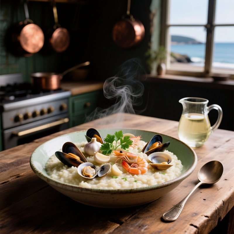 Risotto Ai Frutti Di Mare Prepared With Mixed Seafood Garlic White Wine Parsley And Seafood Stock