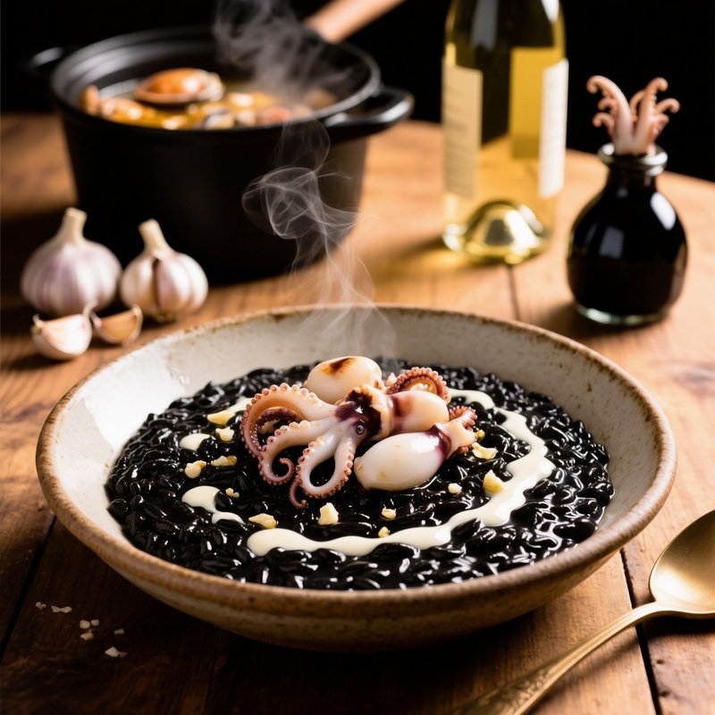 Risotto Al Nero Di Seppia With Cuttlefish Squid Ink Garlic White Wine Seafood Stock