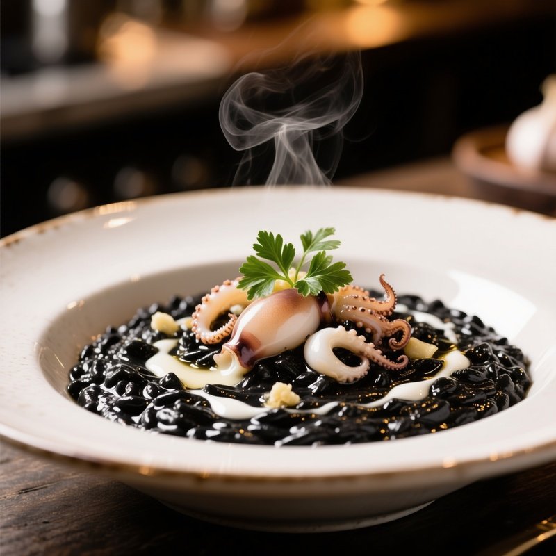 Risotto Al Nero Di Seppia With Cuttlefish Squid Ink Garlic White Wine And Seafood Stock
