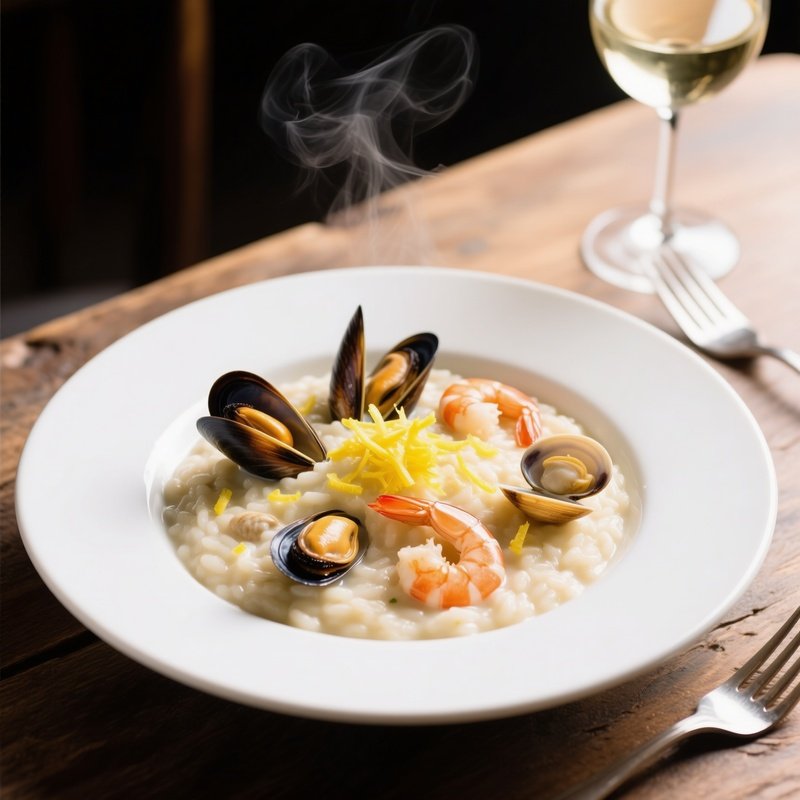 Risotto Frutti Di Mare Seafood Risotto With Mussels Clams Shrimp Garnished With Lemon Zest