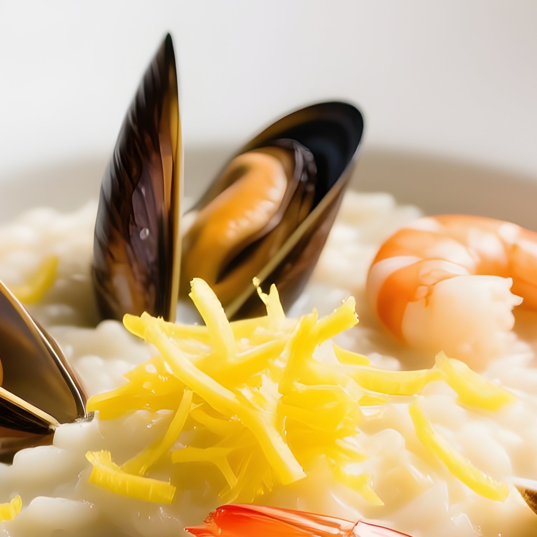 Risotto Frutti Di Mare Seafood Risotto With Mussels Clams Shrimp Garnished With Lemon Zest - Full Resolution Quality Preview
