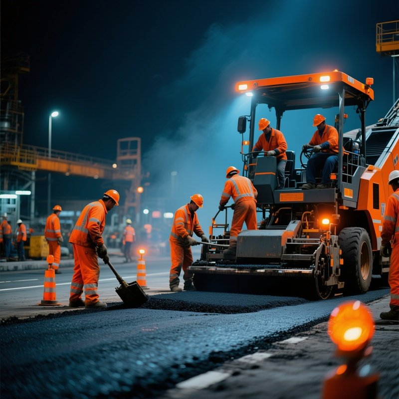 Road Construction Crew Laying Asphalt Under Orange Warning Lights