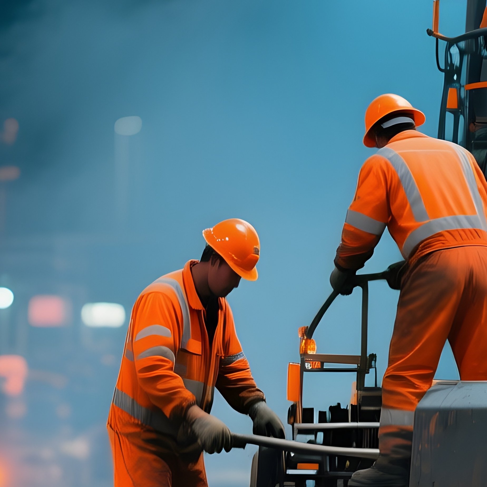 Road Construction Crew Laying Asphalt Under Orange Warning Lights - Full Resolution Quality Preview