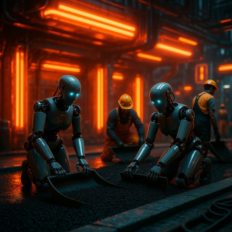 Road Construction Crew Laying Asphalt Under Orange Warning Lights 2