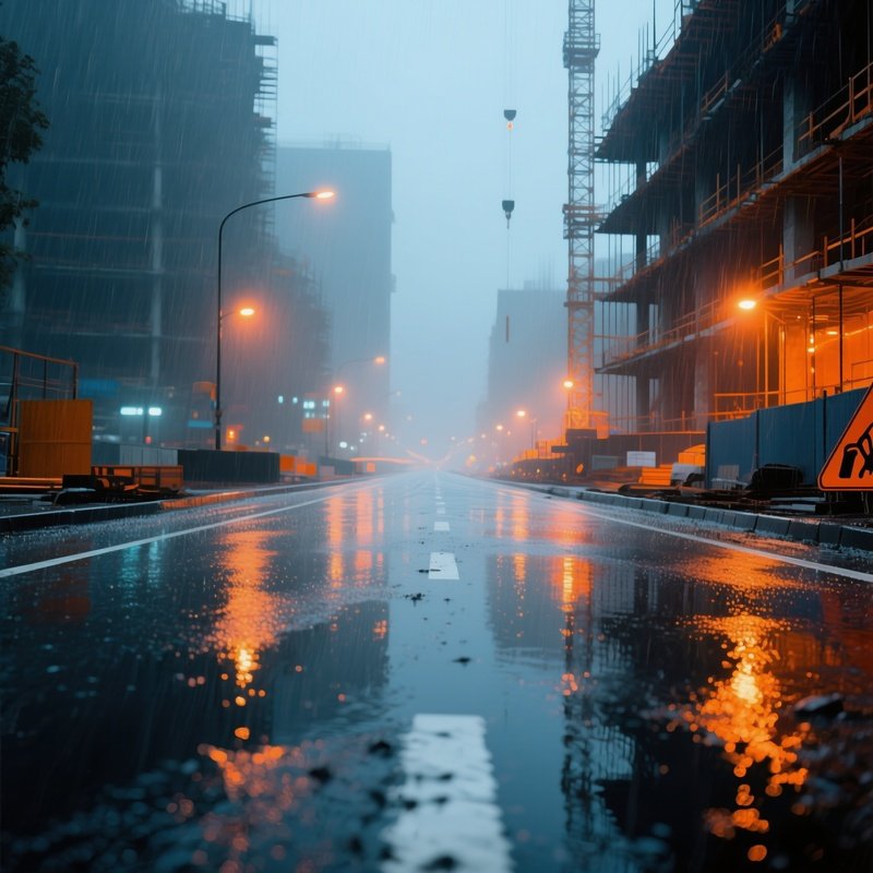 Road Construction Rain Reflections Lights Asphalt Abstract