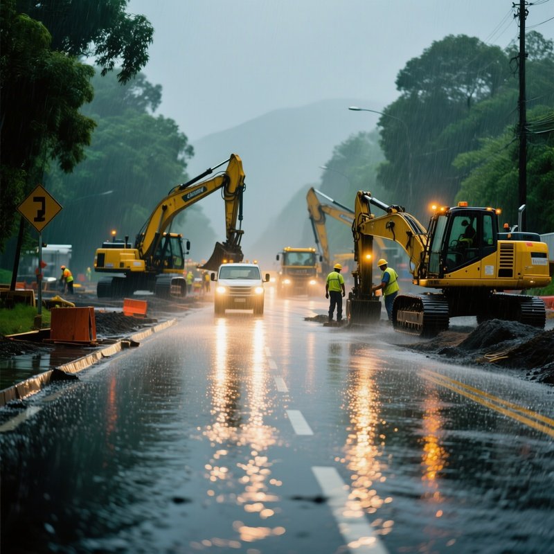 Road Construction Rain Reflections Lights Asphalt