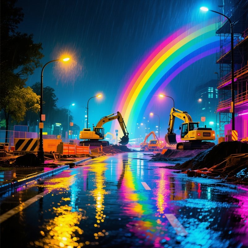 Road Construction Rainy Night Abstract Image
