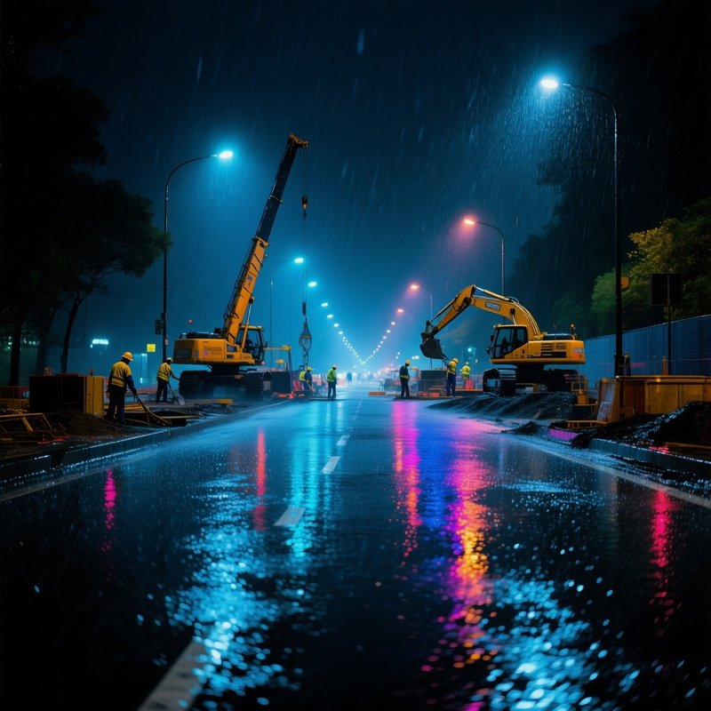 Road Construction Rainy Night Reflections Image