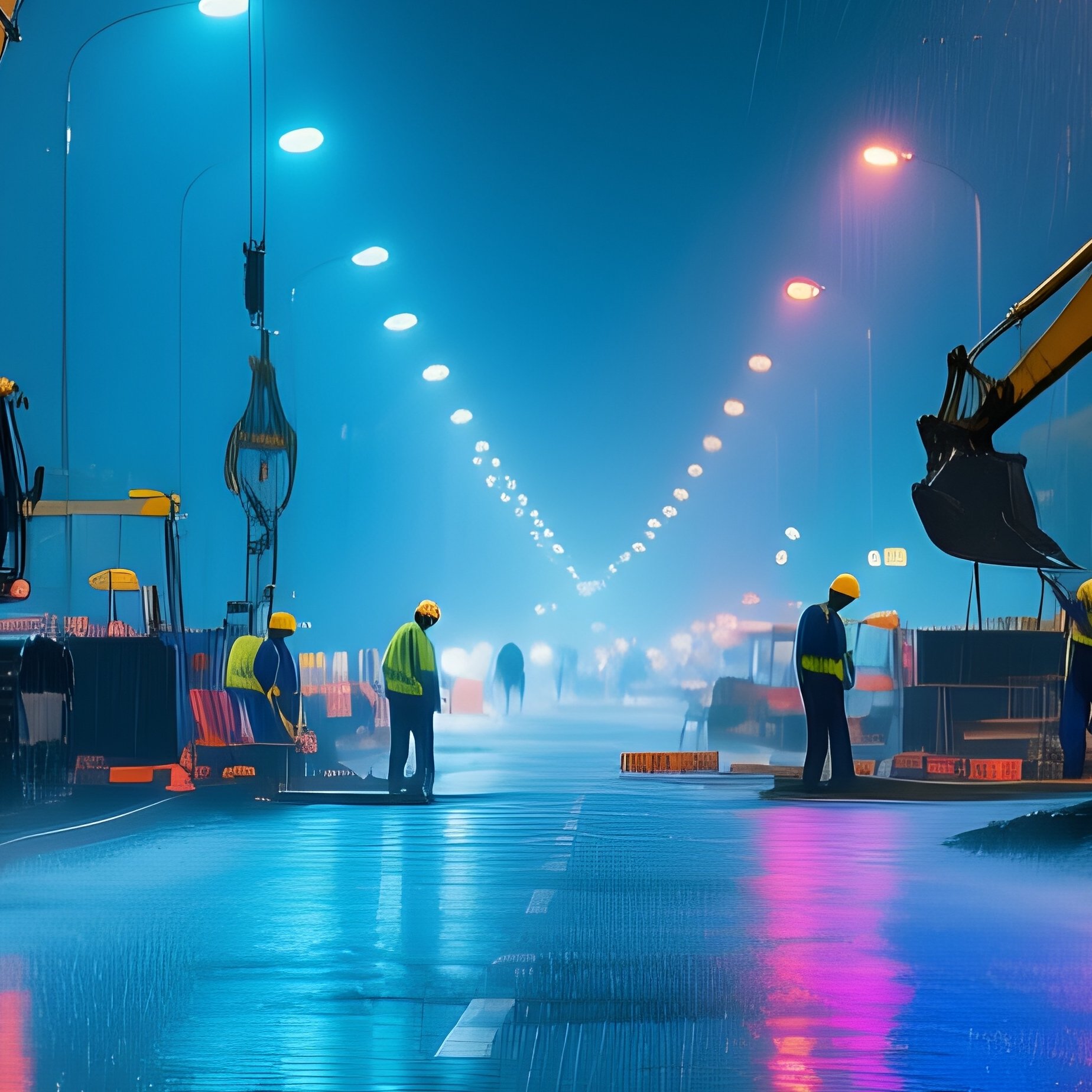 Road Construction Rainy Night Reflections Image - Full Resolution Quality Preview