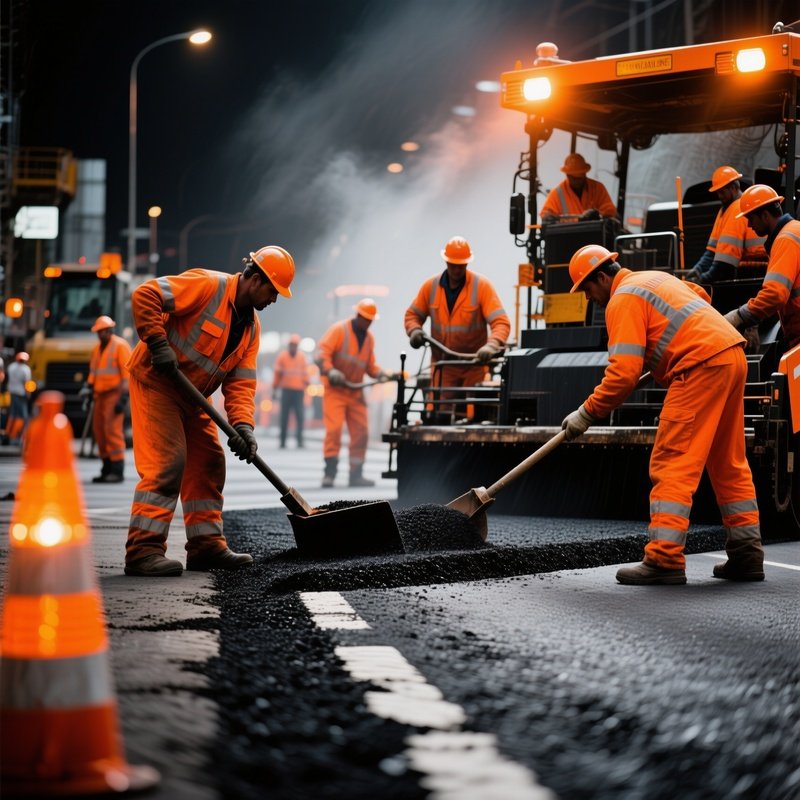 Road Construction Workers Laying Asphalt