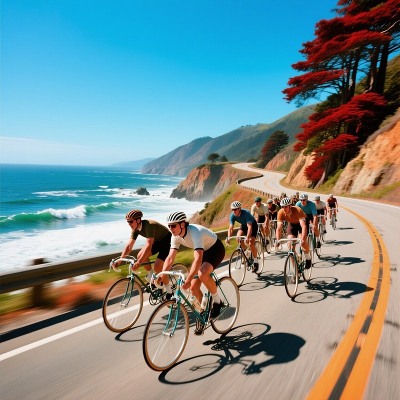 Road Race Pack Tight Peloton Vintage Bikes Pacific Coast Highway