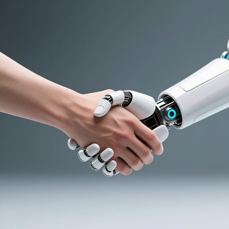 Robot Handshake: A Human Hand Shaking A Sleek White Robotic Hand, Symbolizing The Partnership Between Humans And Machines.
