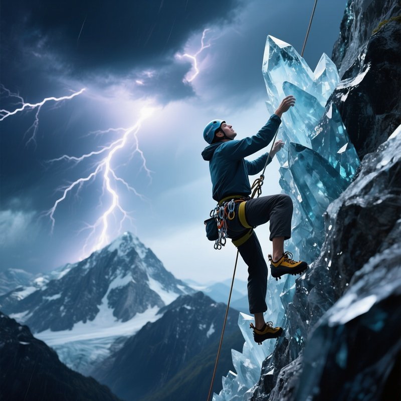 Rock Climber Orion Edge Scaling Crystal Mountain Lightning Storm