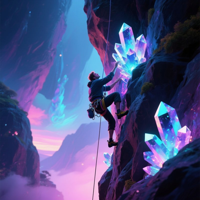 Rock Climber Scaling Glowing Crystals Artistic Representation