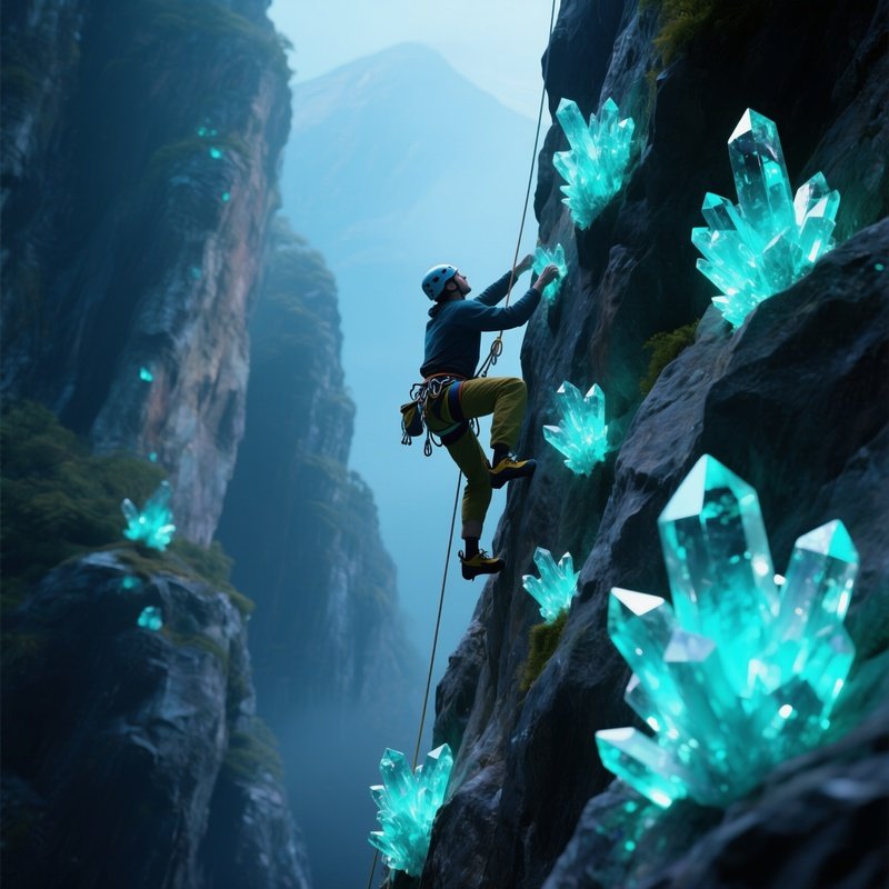Rock Climber Scaling Glowing Crystals
