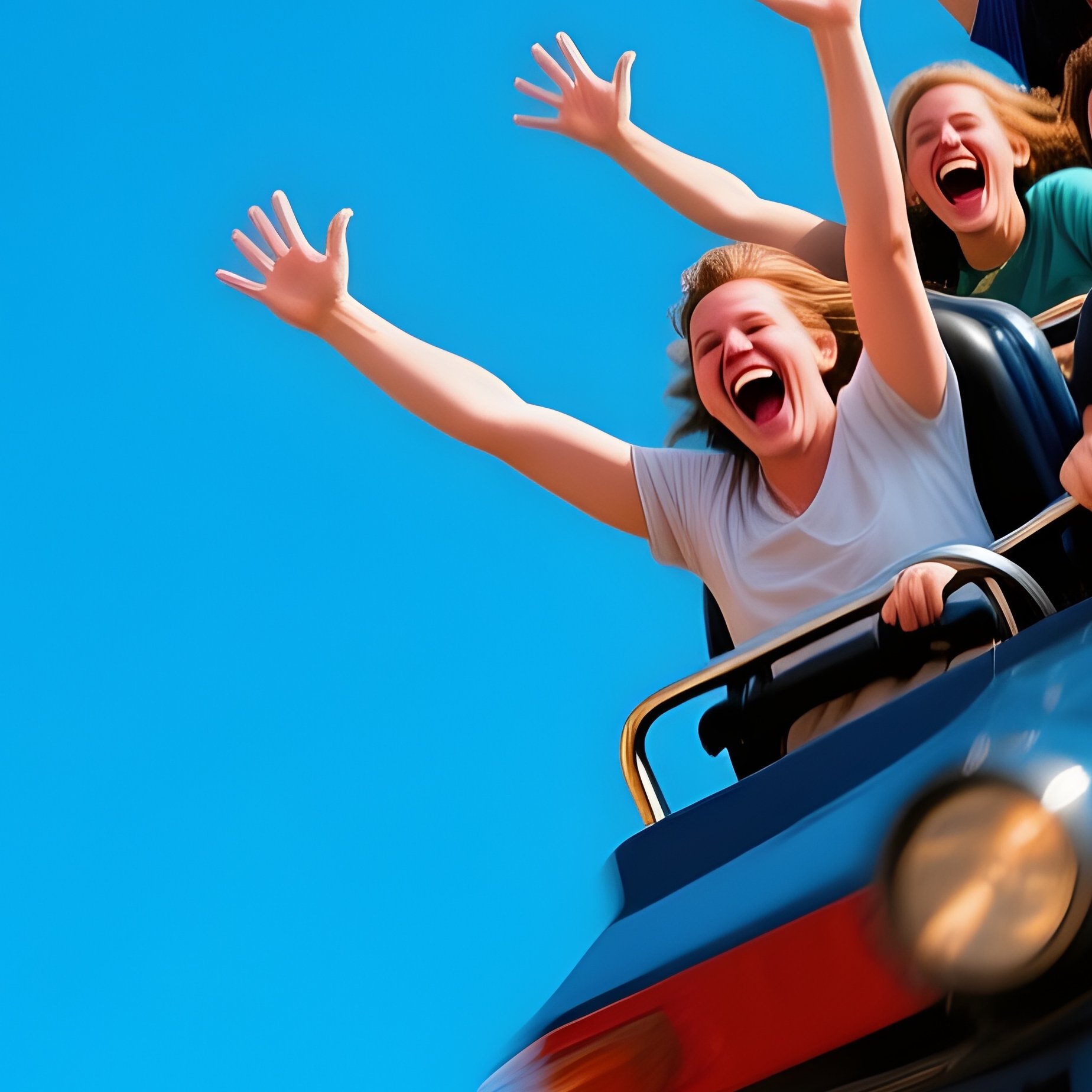 Roller Coaster Train Plummeting Down Steep Drop With Riders Throwing Hands In Air - Full Resolution Quality Preview