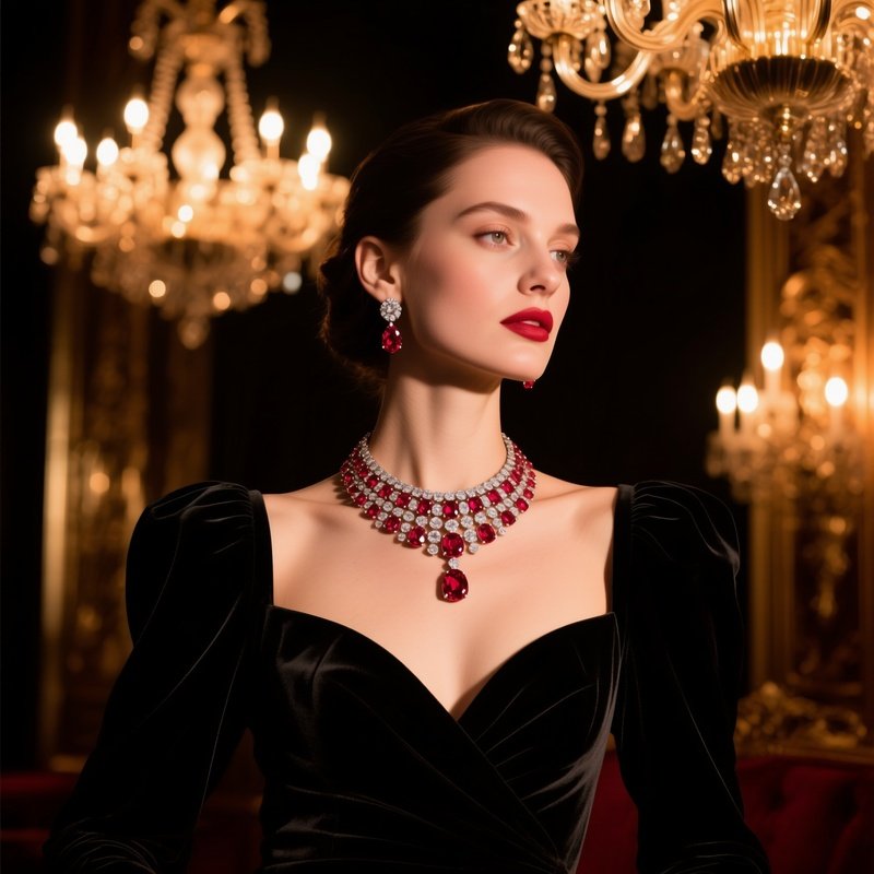 Ruby Choker Black Velvet Dress Chandelier Light