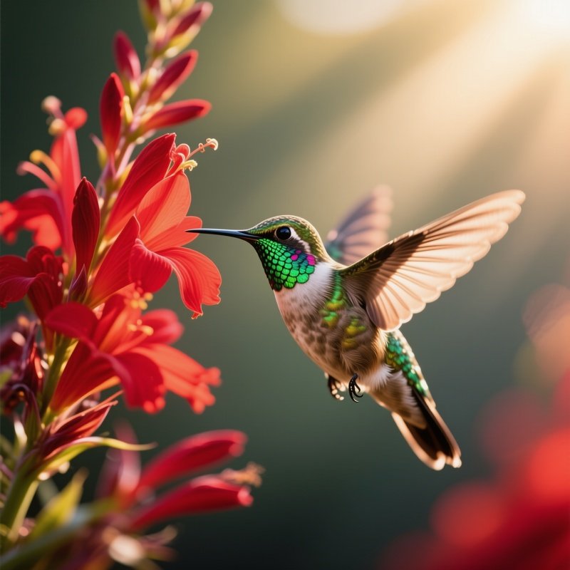 Ruby Throated Hummingbird Hovering At Red Cardinal Flower