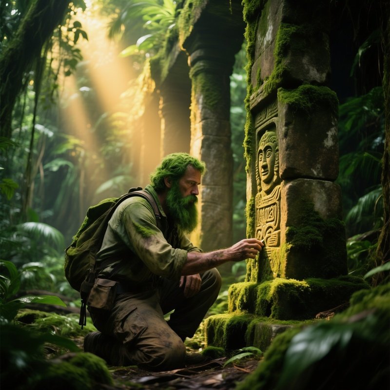 Rugged Explorer Examining Ancient Stone Ruin In Jungle