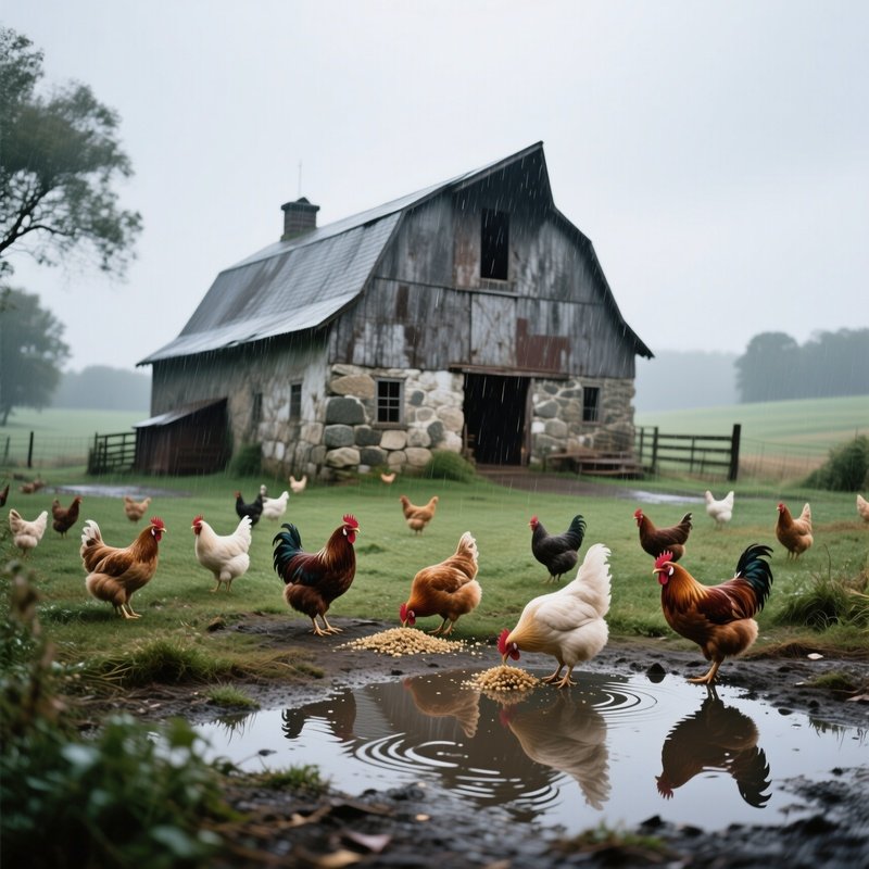 Rustic Barn Style House Weathered Limestone Farmstead Chickens Rain Puddles Overcast Skies