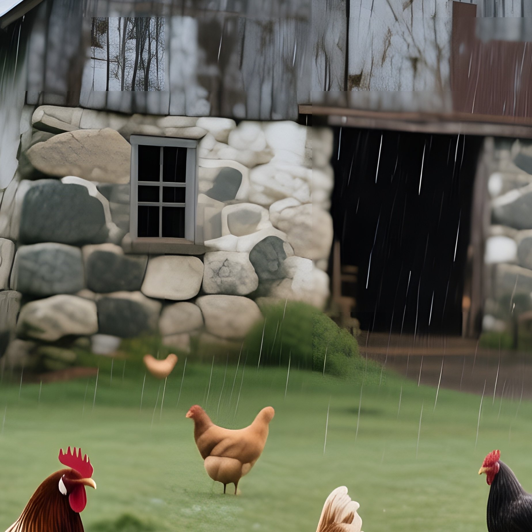Rustic Barn Style House Weathered Limestone Farmstead Chickens Rain Puddles Overcast Skies - Full Resolution Quality Preview