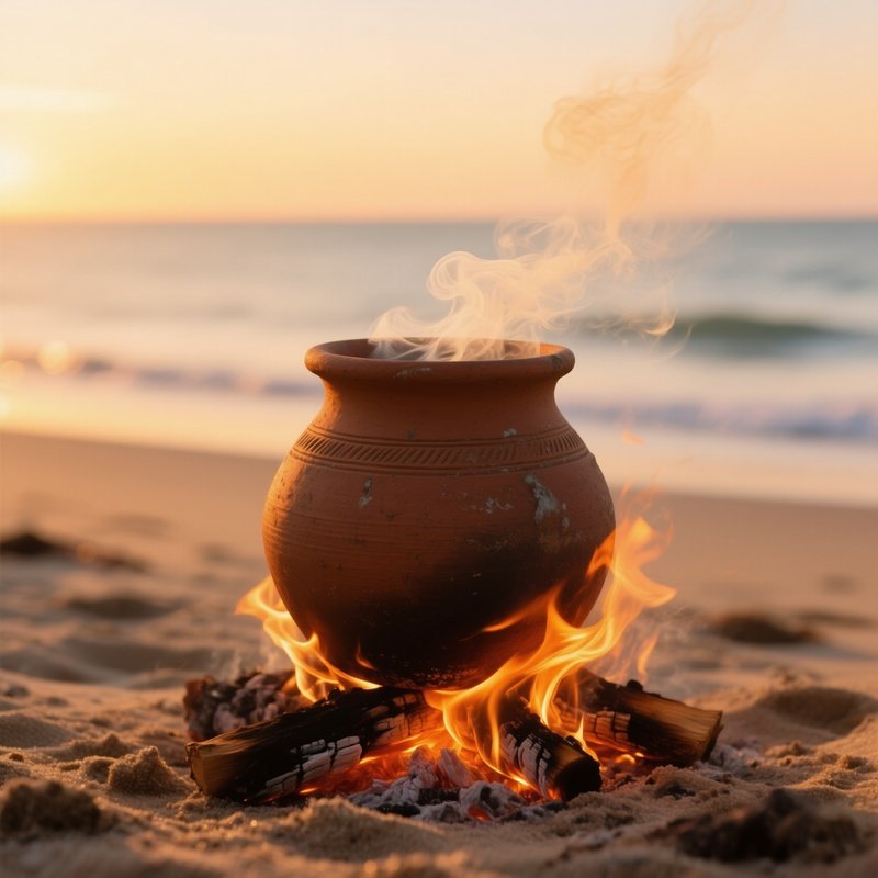 Rustic Clay Pot Cooking On Open Fire Beach