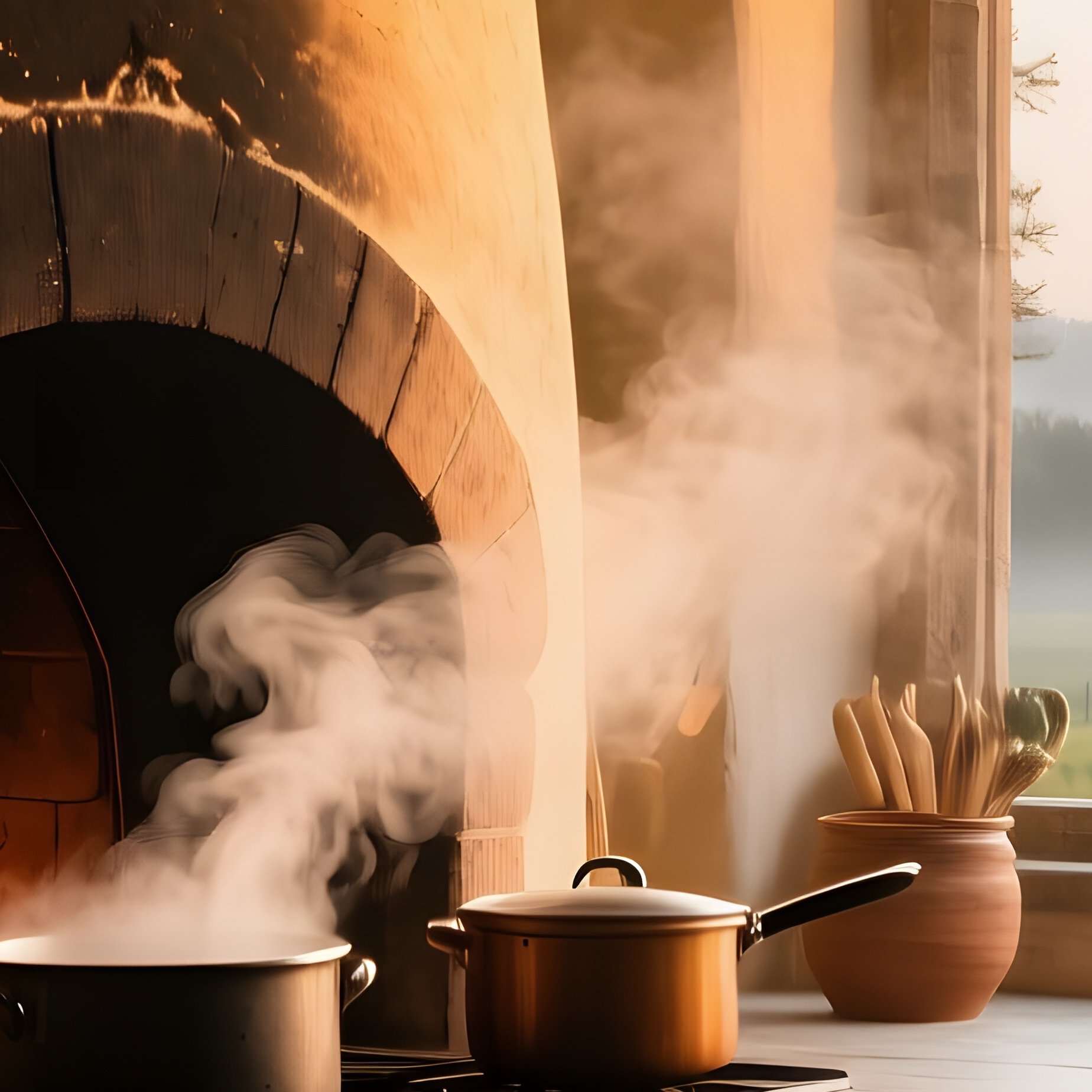 Rustic European Kitchen At Dawn With Wood Fired Oven Stone Countertops Sunlight Through Arched - Full Resolution Quality Preview