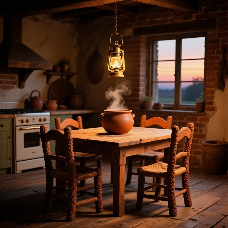 Rustic Farmhouse Kitchen At Dusk Clay Table Stew Pot