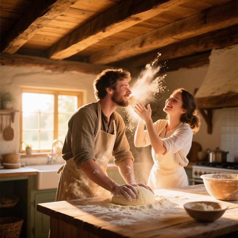 Rustic Farmhouse Kitchen Baker Kneading Dough Partner Sprinkles Flour Kisses