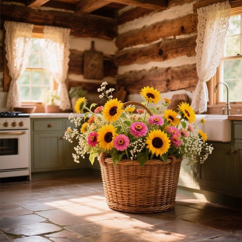 Rustic Farmhouse Kitchen With Wicker Basket