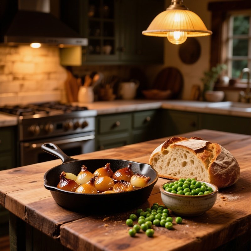 Rustic Kitchen Island With Cast Iron Skillet And Sourdough