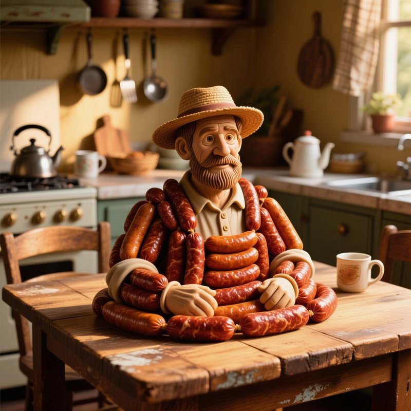 Rustic Kitchen Table Sausage Farmer Portrait