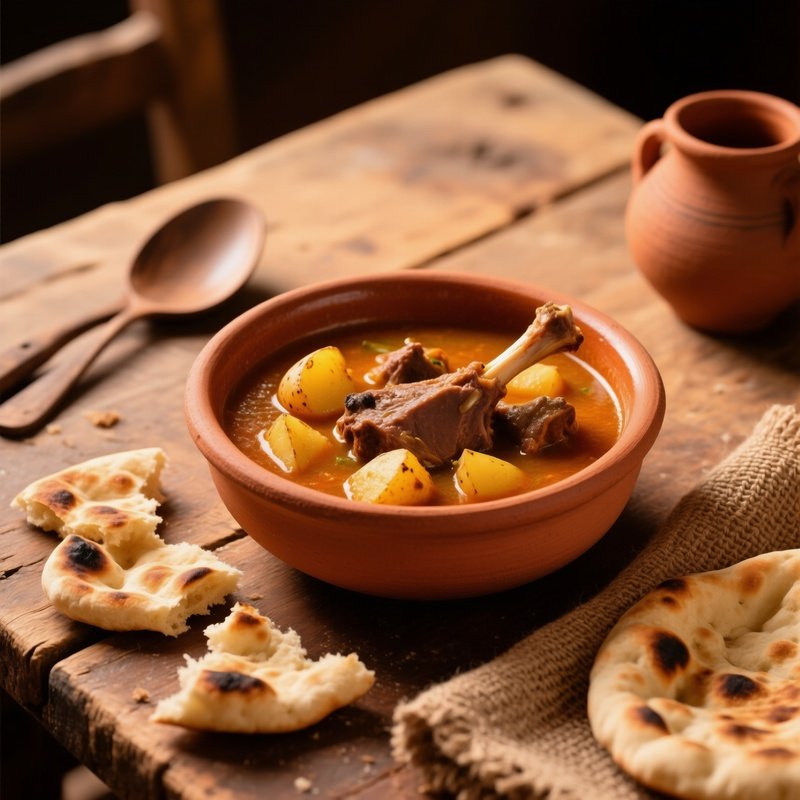 Rustic Table Setting With Clay Bowl Of Shorwa Soup