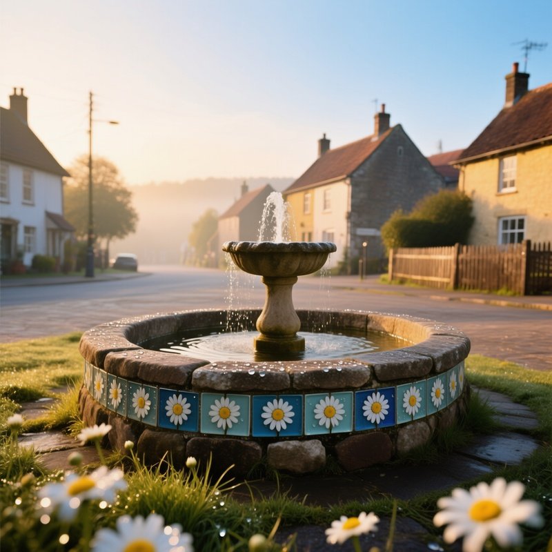 Rustic Village Square At Dawn Fountain With Daisy Glass Tiles
