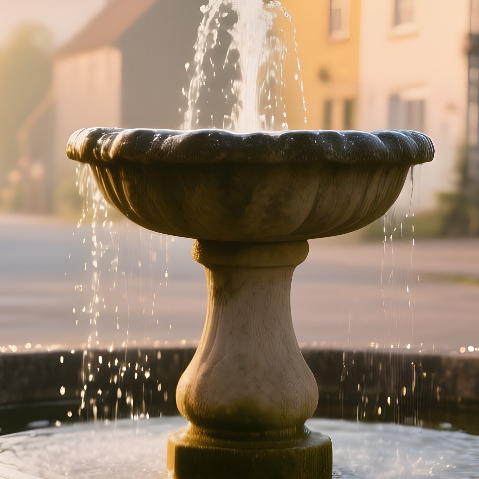 Rustic Village Square At Dawn Fountain With Daisy Glass Tiles - Full Resolution Quality Preview