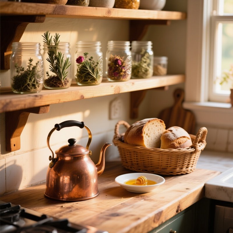 Rustic Wooden Kitchen Shelf Morning Light
