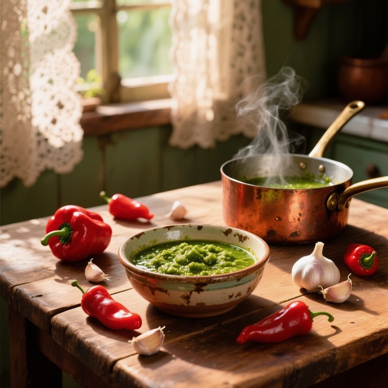 Rustic Wooden Kitchen Table With Mojo De Pimiento Sauce