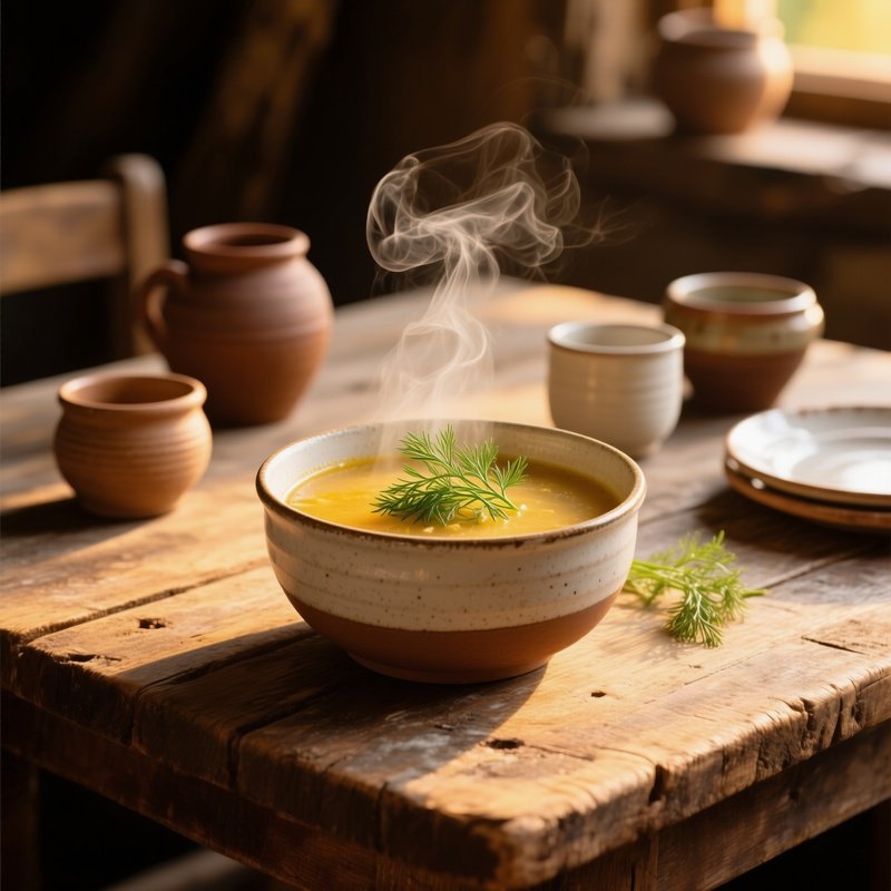 Rustic Wooden Table With Steaming Bowl And Dill