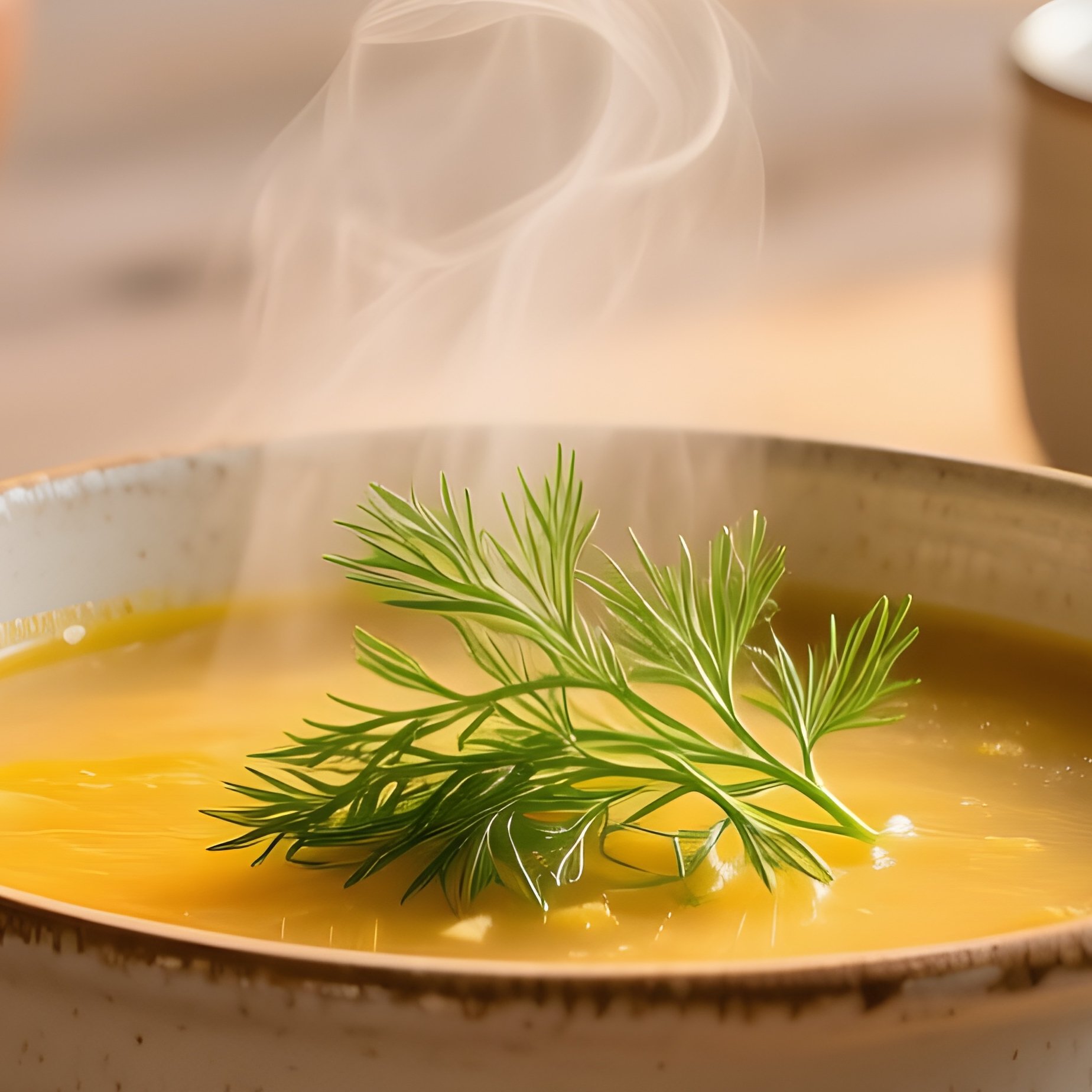 Rustic Wooden Table With Steaming Bowl And Dill - Full Resolution Quality Preview