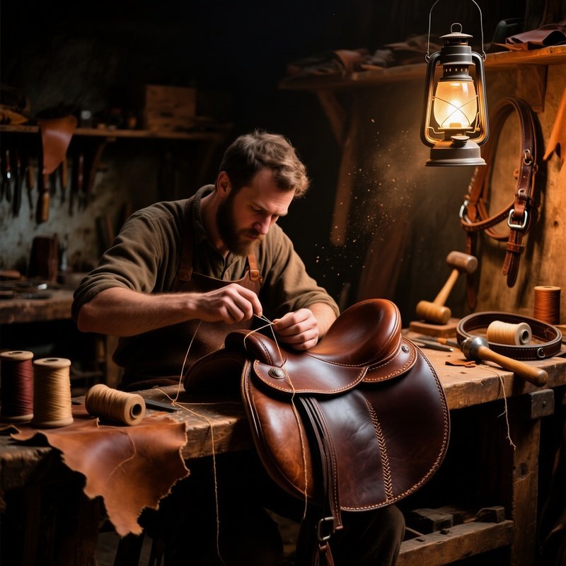 Saddler Sewing Leather Saddle With Strong Thread