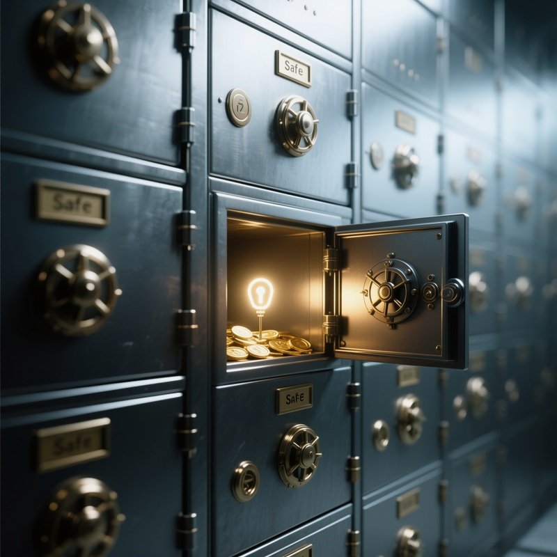 Safe Deposit Box: A Wall Of Steel Safe Deposit Boxes, With One Box Open Revealing A Single Glowing Light, Symbolizing Secrets And Assets.