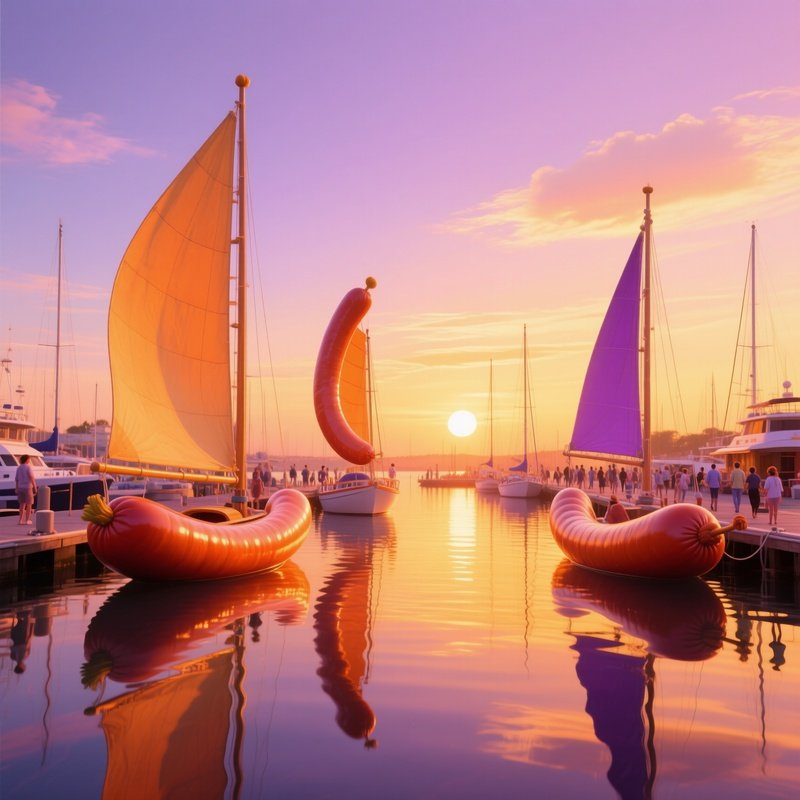 Sailboats With Sausage Sails At Golden Hour Harbor