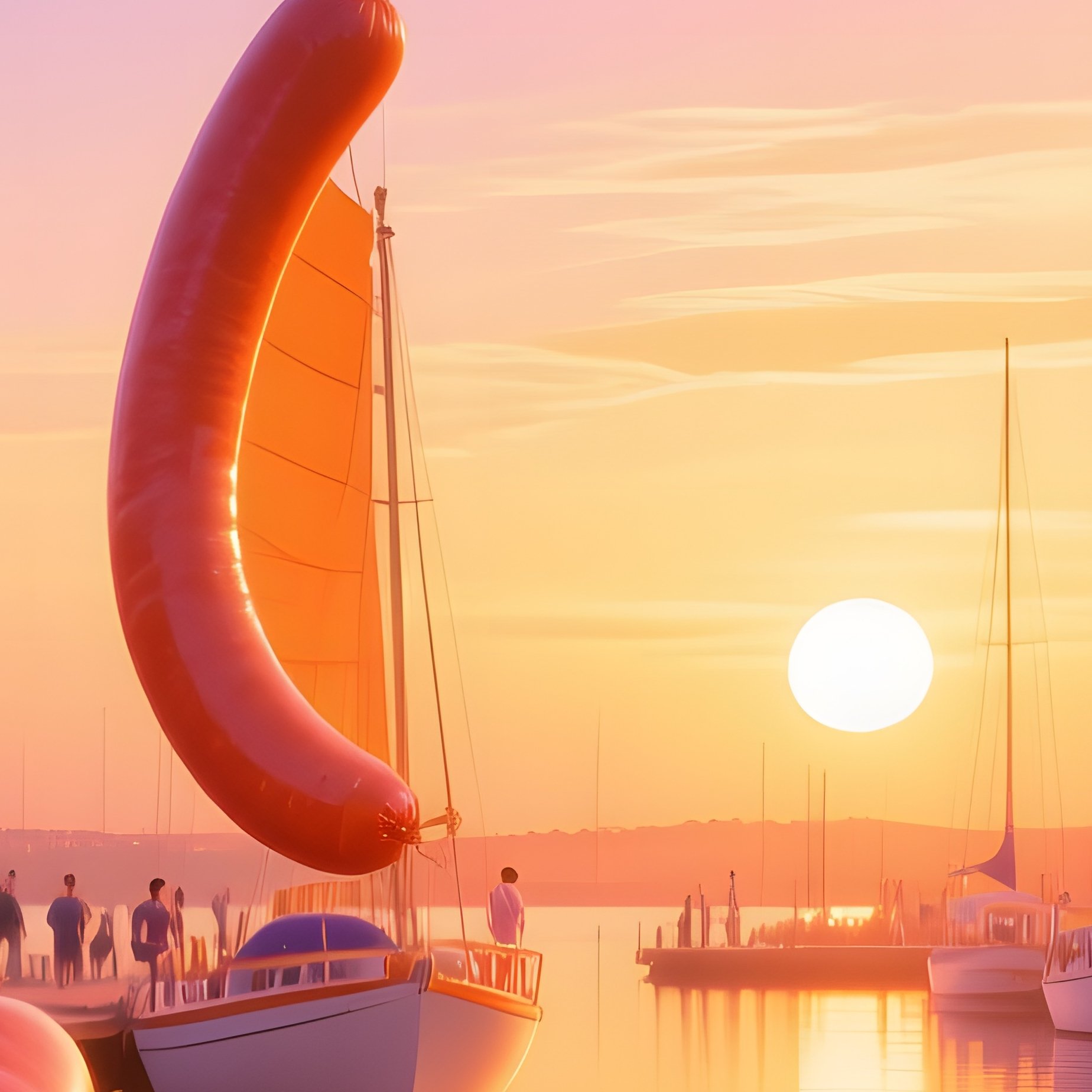 Sailboats With Sausage Sails At Golden Hour Harbor - Full Resolution Quality Preview