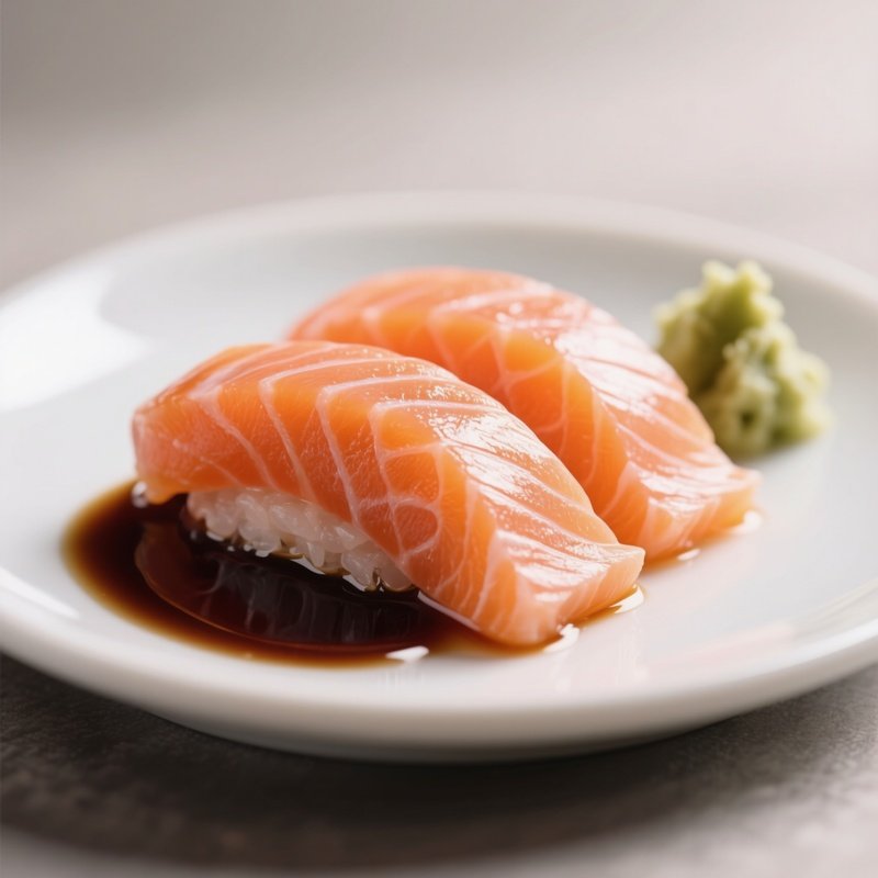 Salmon Sashimi Composed Of Silky Raw Salmon Slices Arranged Simply With Soy Sauce And Wasabi