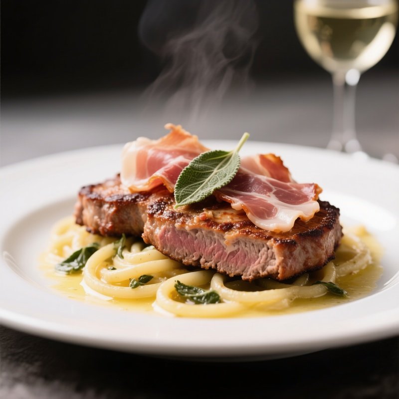 Saltimbocca Alla Romana With Veal Cutlets Topped With Prosciutto And Sage, Sautéed In Butter And White Wine