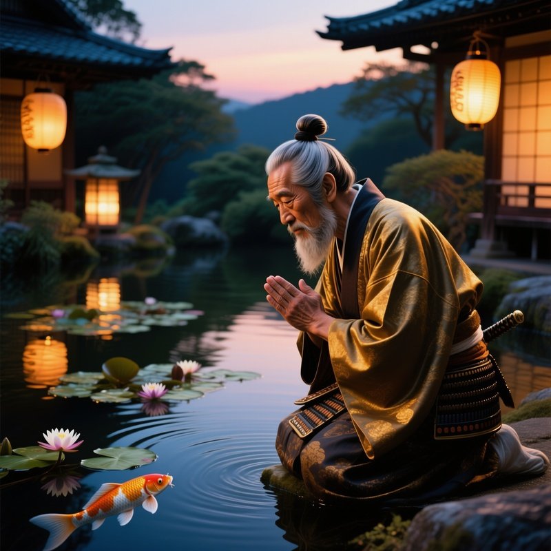 Samurai Kneeling Before Koi Pond At Dusk