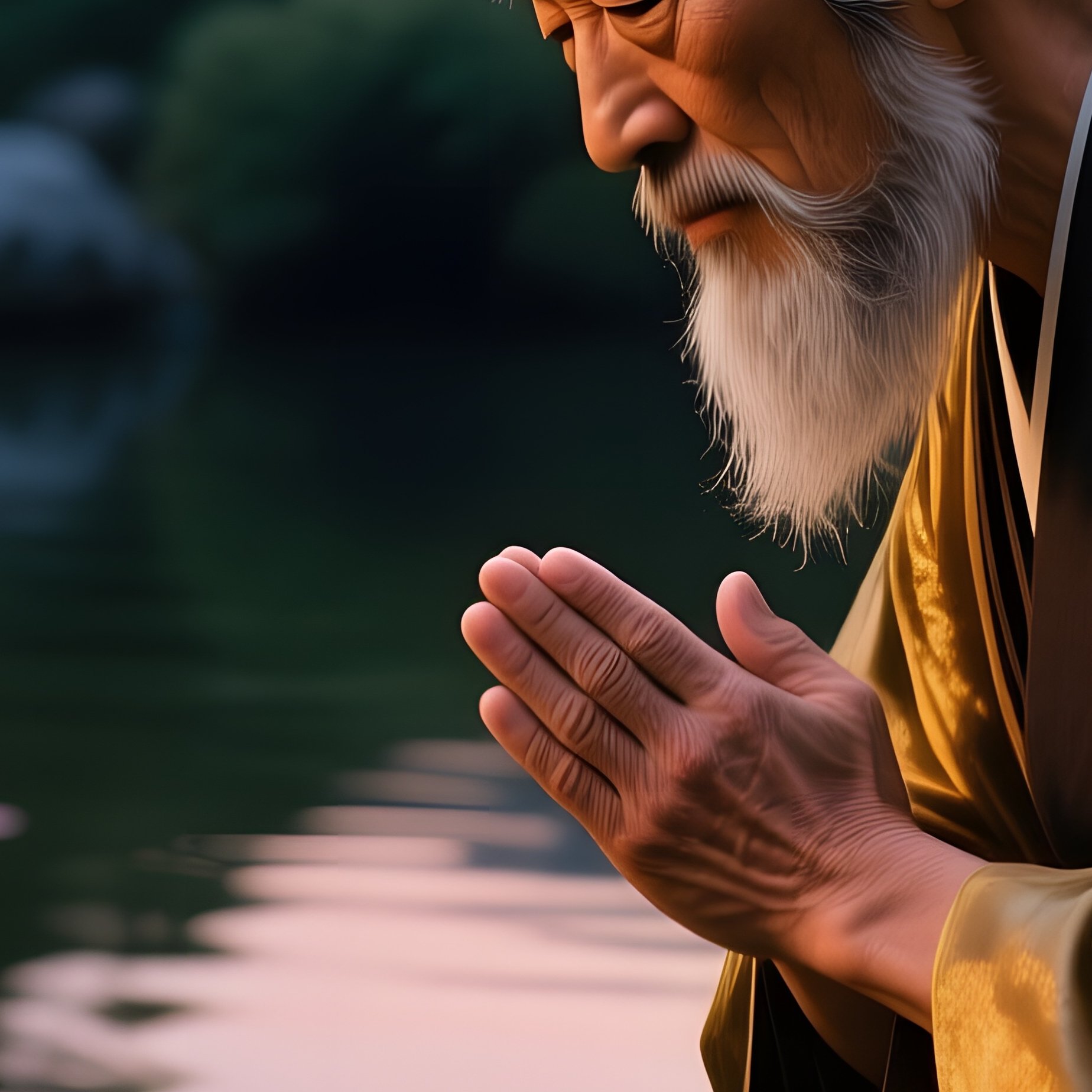 Samurai Kneeling Before Koi Pond At Dusk - Full Resolution Quality Preview