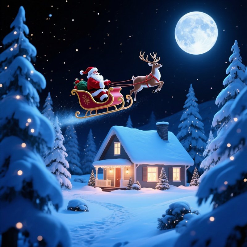 Santa Claus Flying Over A House On Christmas Night Christmas