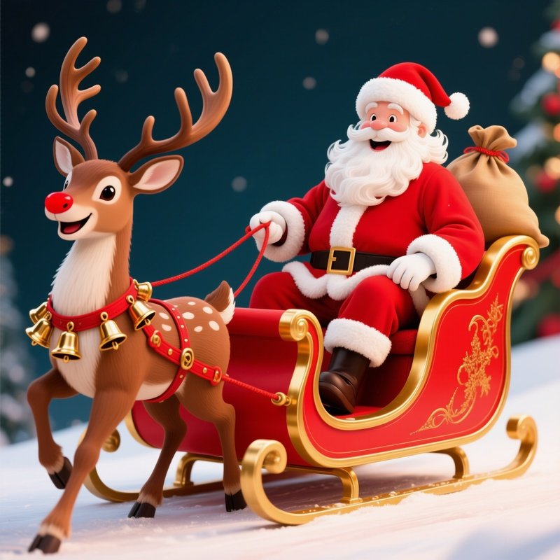 Santa Claus In A Sleigh Pulled By A Reindeer Christmas Holiday
