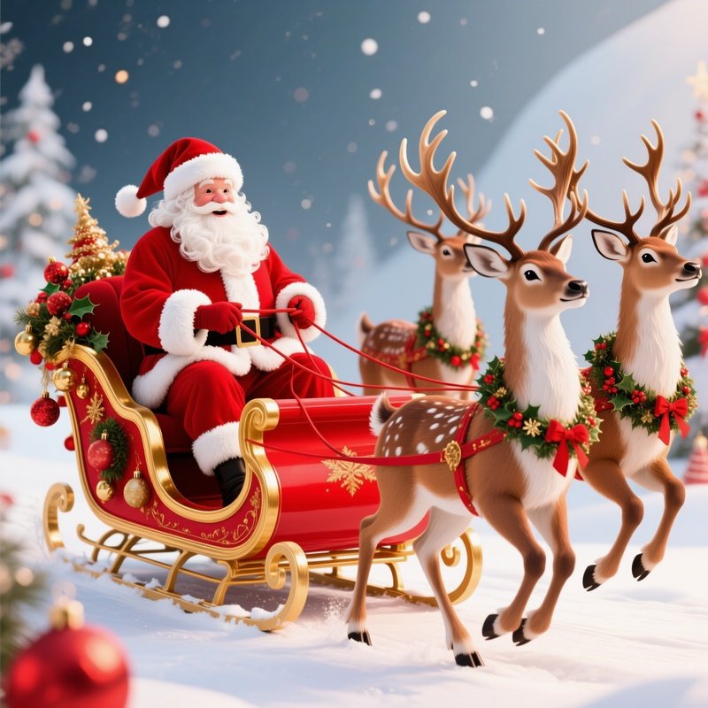 Santa Claus In A Sleigh Pulled By Reindeer Christmas Santa Claus